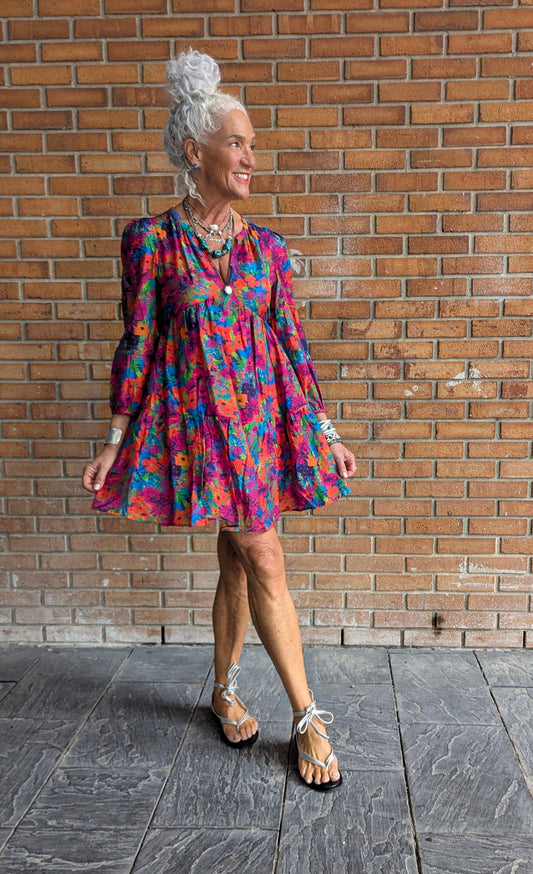 Lightweight Multicolour Tiered Empire Floral Dress - PINK, ORANGE, GREEN