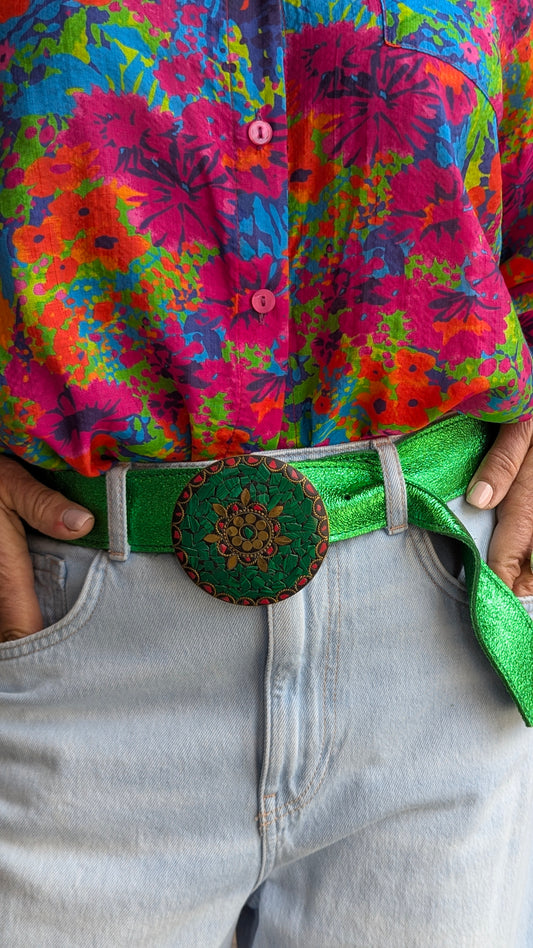 Metallic Green Leather Belt with Mosaic Buckle