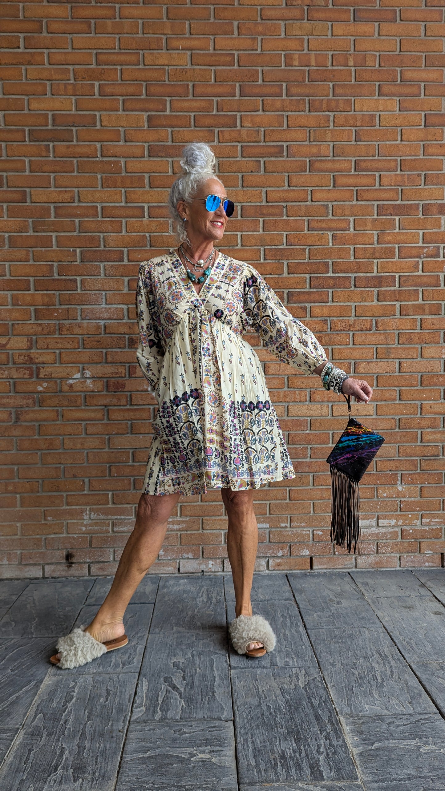 100% Linen Empire Waist Bohemian Patterned Dress with Pockets