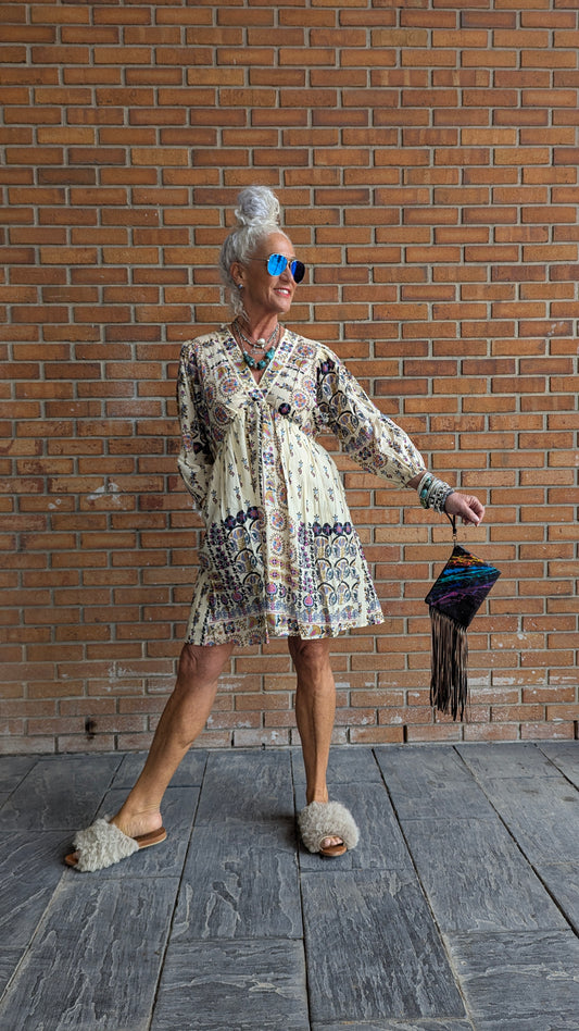 100% Linen Empire Waist Bohemian Patterned Dress with Pockets