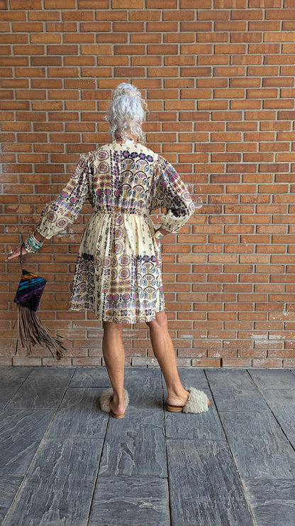 100% Linen Empire Waist Bohemian Patterned Dress with Pockets