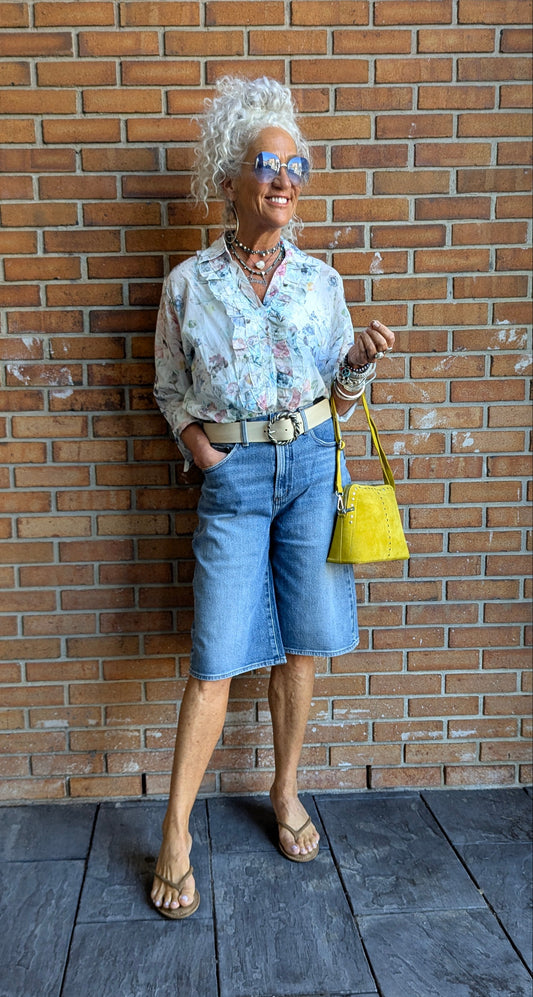 100% Cotton Ruffle Front Shirt- Watercolour Floral