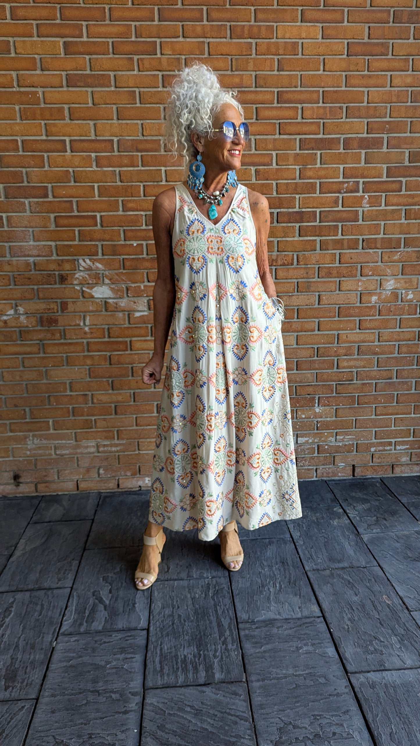 Sleeveless Embroidered V-neck Maxi Dress with pockets -BEIGE & MULTICOLOUR