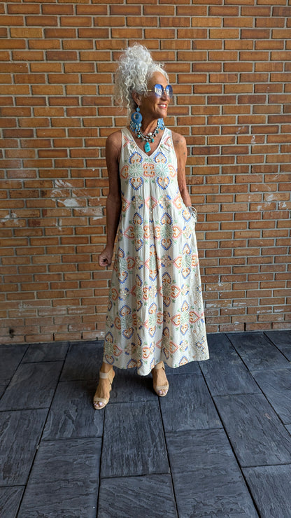 Sleeveless Embroidered V-neck Maxi Dress with pockets -BEIGE & MULTICOLOUR
