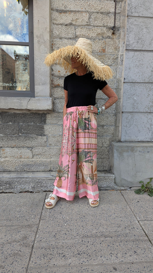 Tropical Print Wide Leg Pant- PINK