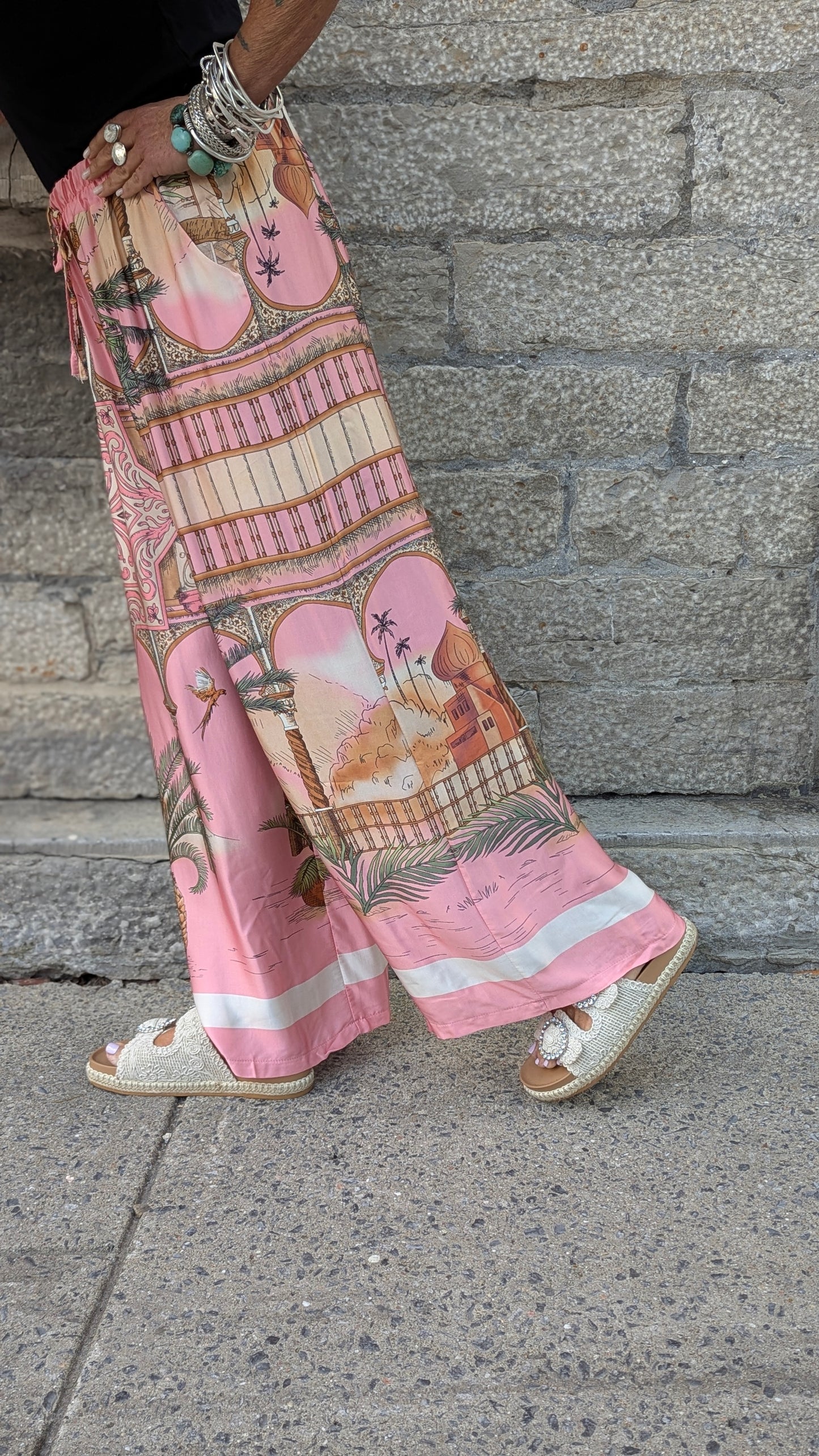 Tropical Print Wide Leg Pant- PINK