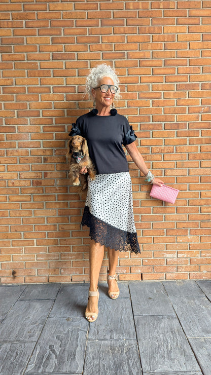 Polka Dot Over Animal Print Asymmetrical Top -Black and White