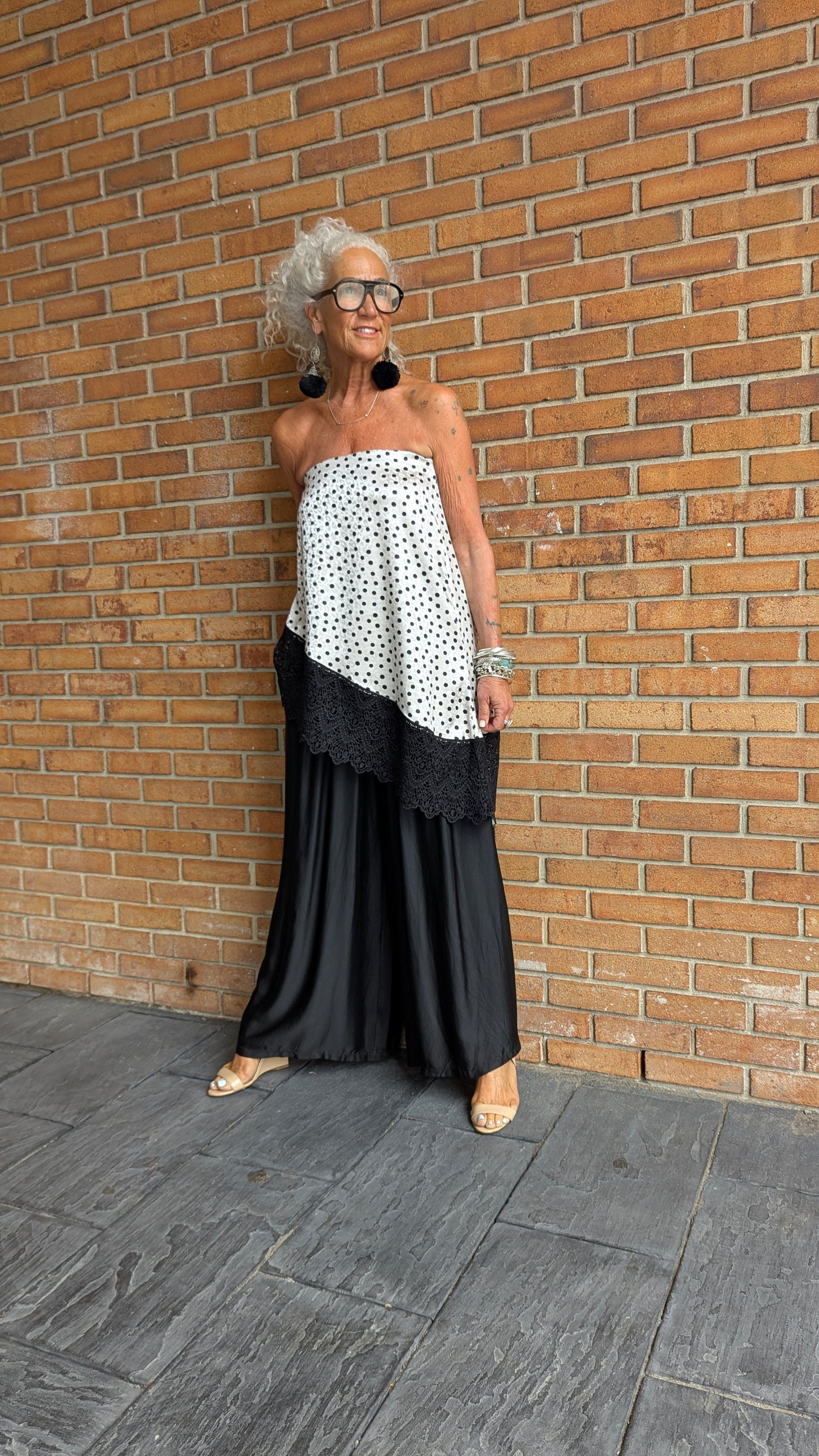Polka Dot Over Animal Print Asymmetrical Top -Black and White