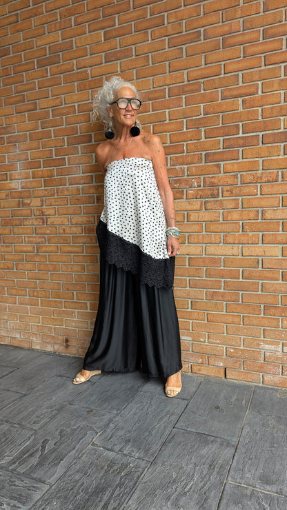 Polka Dot Over Animal Print Asymmetrical Top -Black and White