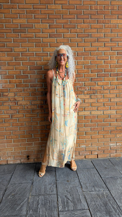 Silk Maxi Dress with Spaghetti Straps- Paisley Print Peach Turquoise Tan Yellow