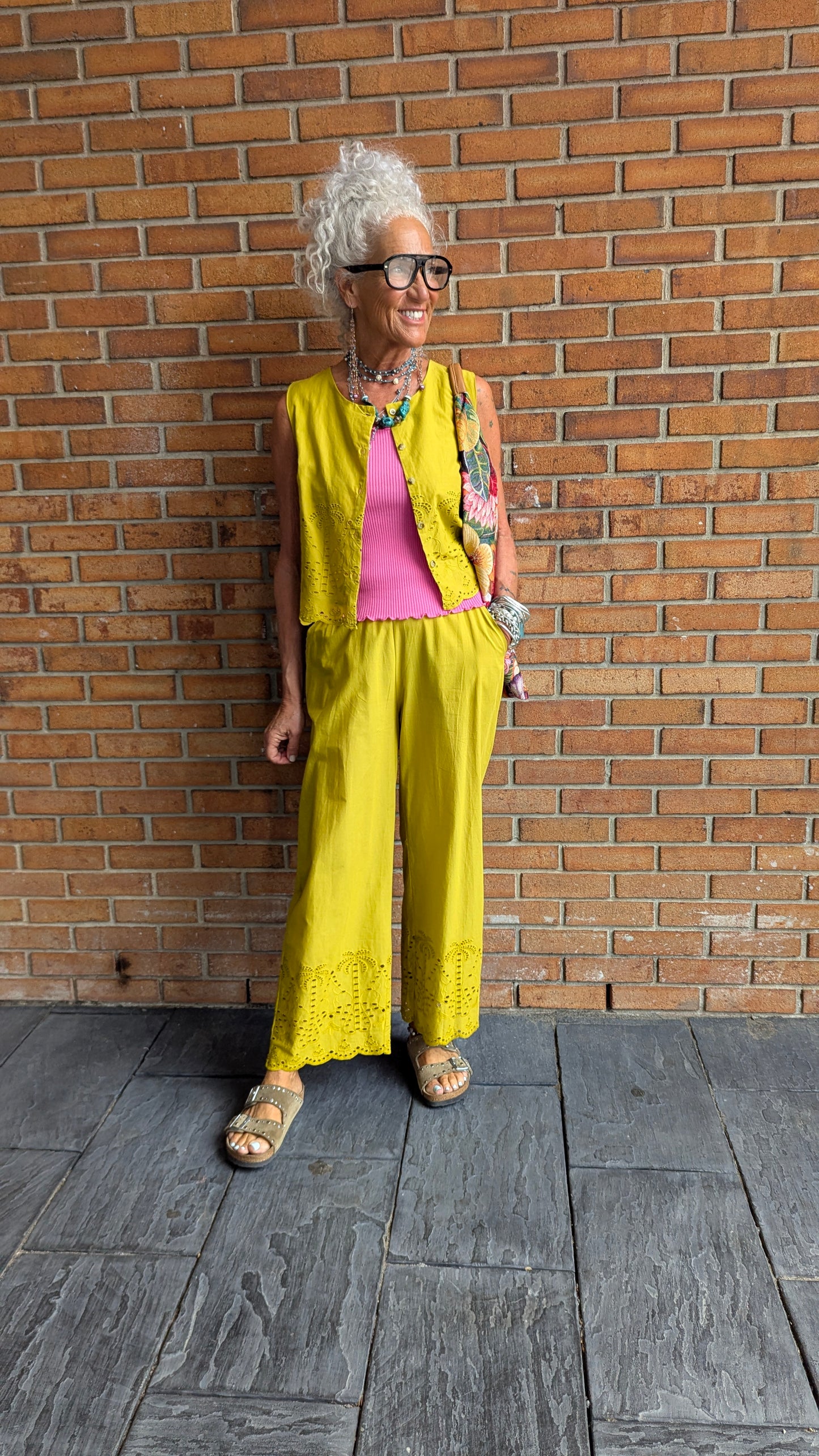 100% Cotton Eyelet Pants with Pockets - YELLOW