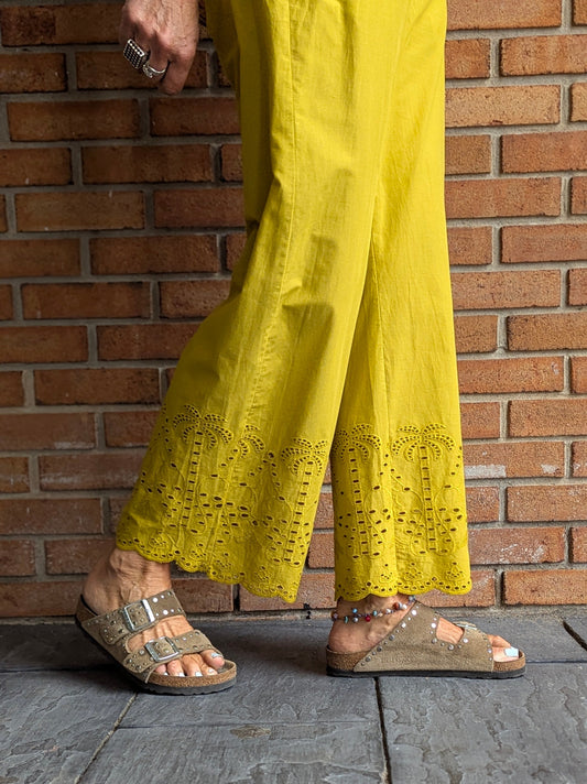 100% Cotton Eyelet Pants with Pockets - YELLOW