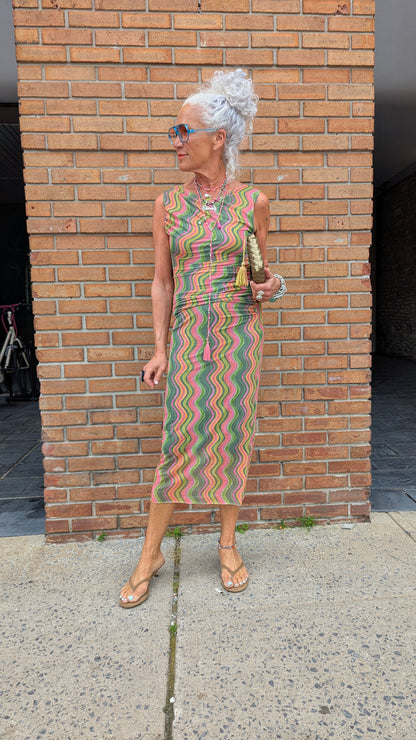 Multicolour Patterned Fitted Mesh Midi Dress - GREEN PINK GOLD ORANGE mix