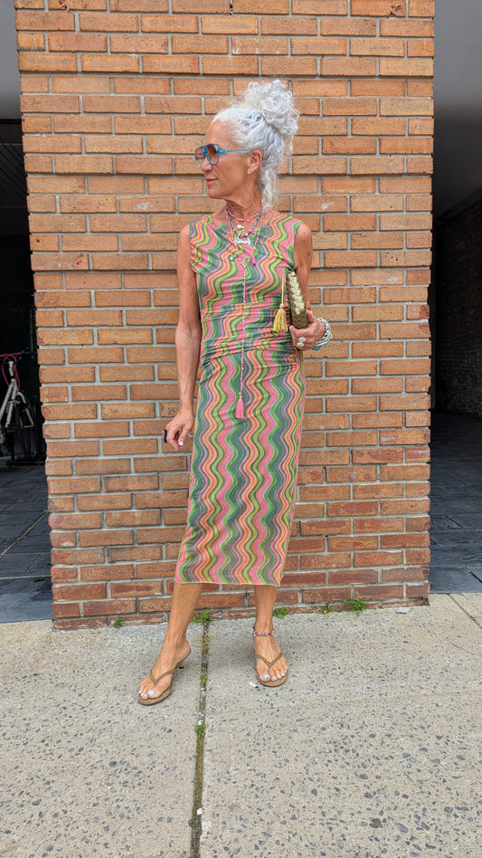 Multicolour Patterned Fitted Mesh Midi Dress - GREEN PINK GOLD ORANGE mix