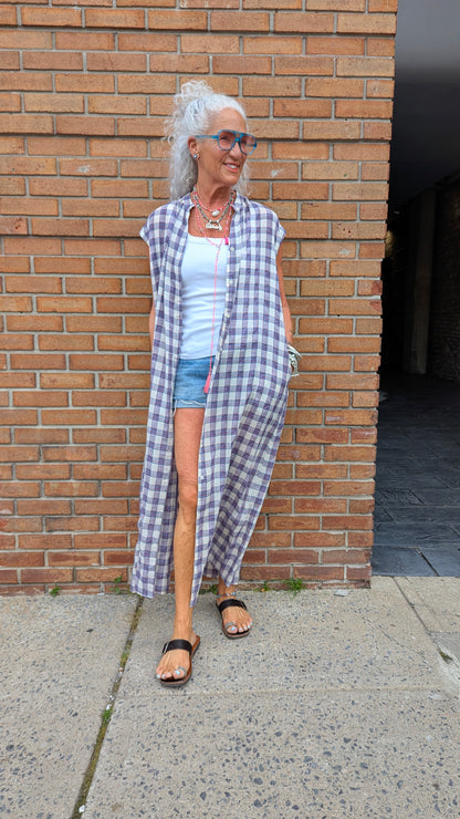 100% Cotton Oversized Short Sleeve Maxi Plaid Shirt Dress- Blue Red Pink White