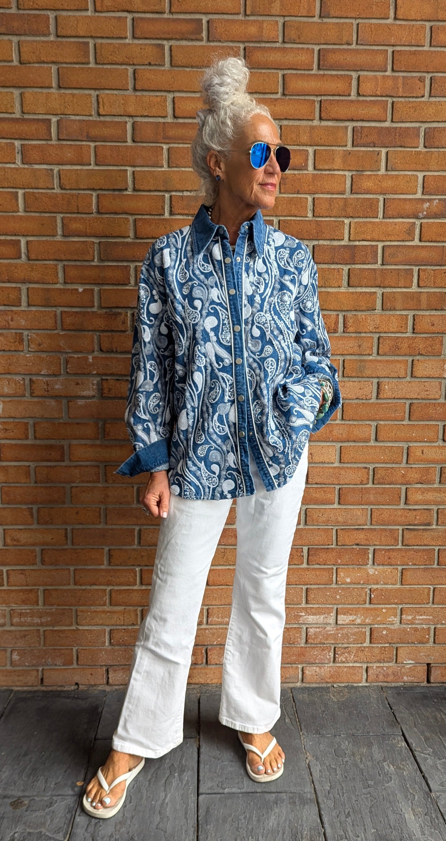 Denim Jean Shirt Shacket  with Sequins- White and Silver