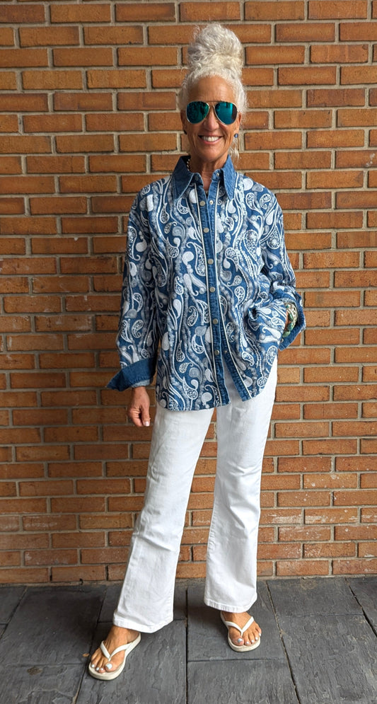 Denim Jean Shirt Shacket  with Sequins- White and Silver