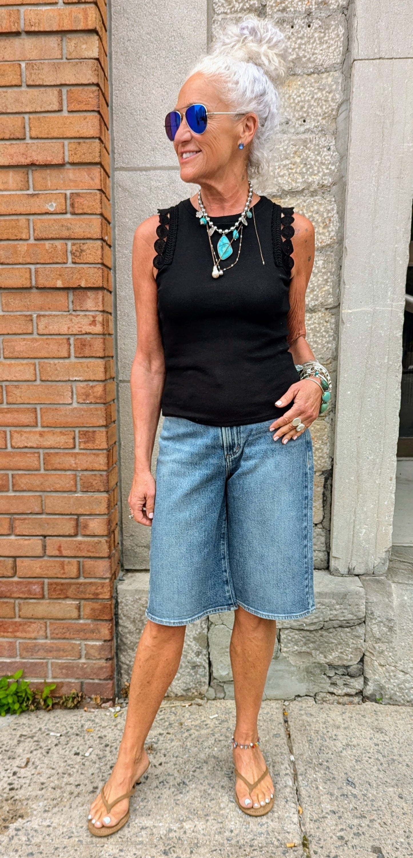 Ribbed Cotton Tank with Shoulder Detail- BLACK