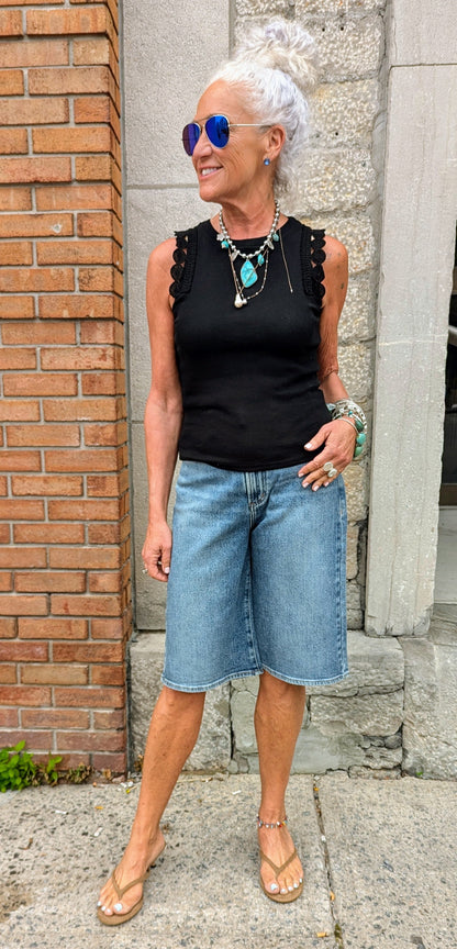 Ribbed Cotton Tank with Shoulder Detail- BLACK
