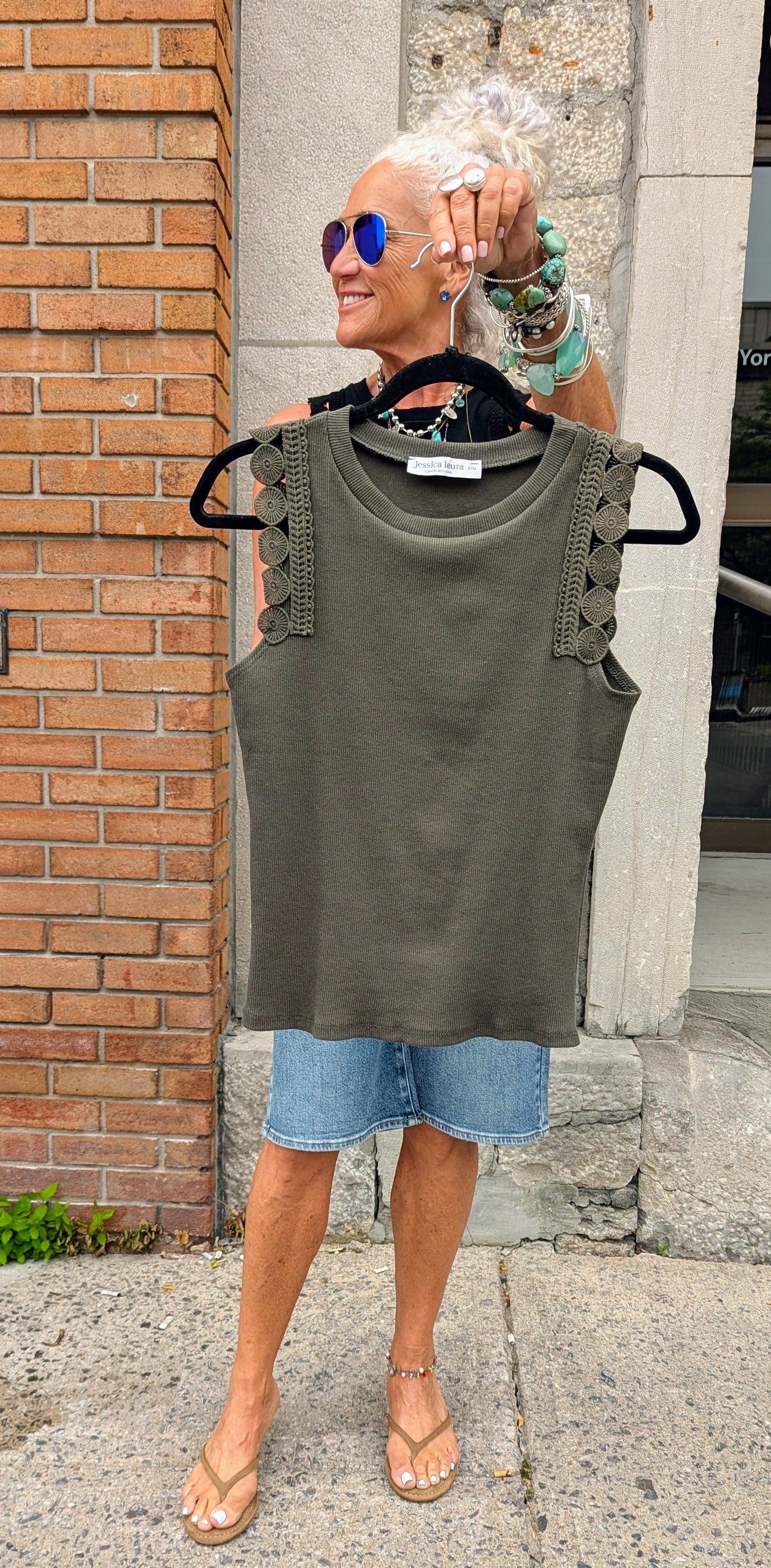 Ribbed Cotton Tank with Shoulder Detail- OLIVE
