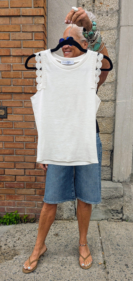 Ribbed Cotton Tank with Shoulder Detail- WHITE
