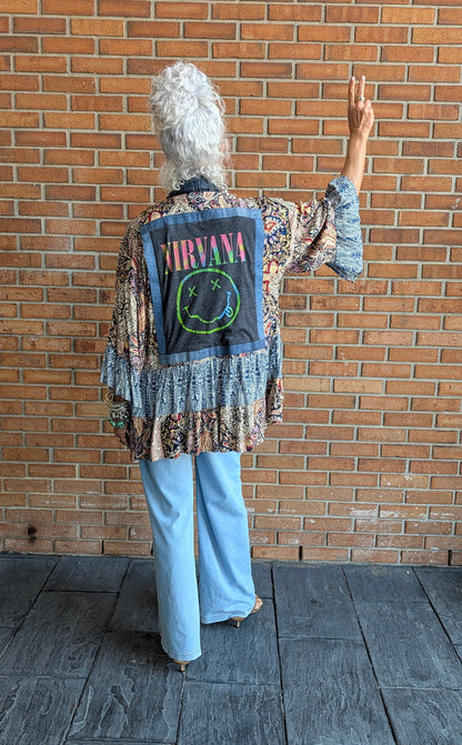 Denim Trim Band Tee Cardigan - NIRVANA