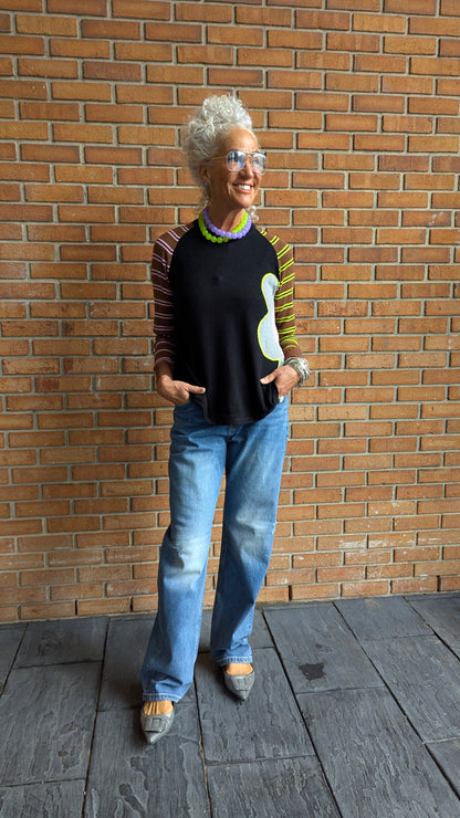 Striped Cotton Cashmere Sweater with Flower Motif - BLACK