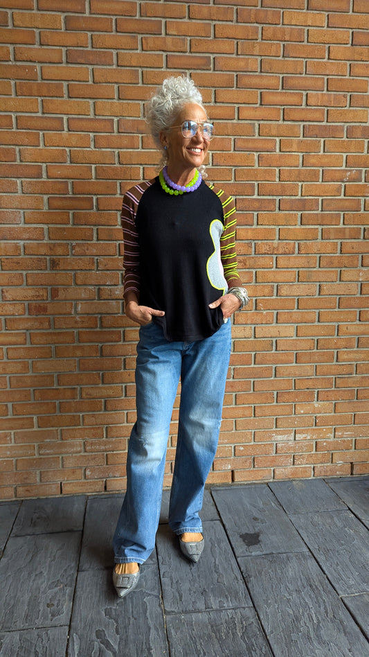Striped Cotton Cashmere Sweater with Flower Motif - BLACK