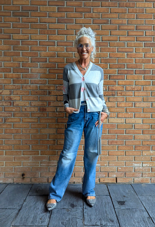 Relaxed Cotton Cashmere Wide Stripe Cardigan - GREY/PINK