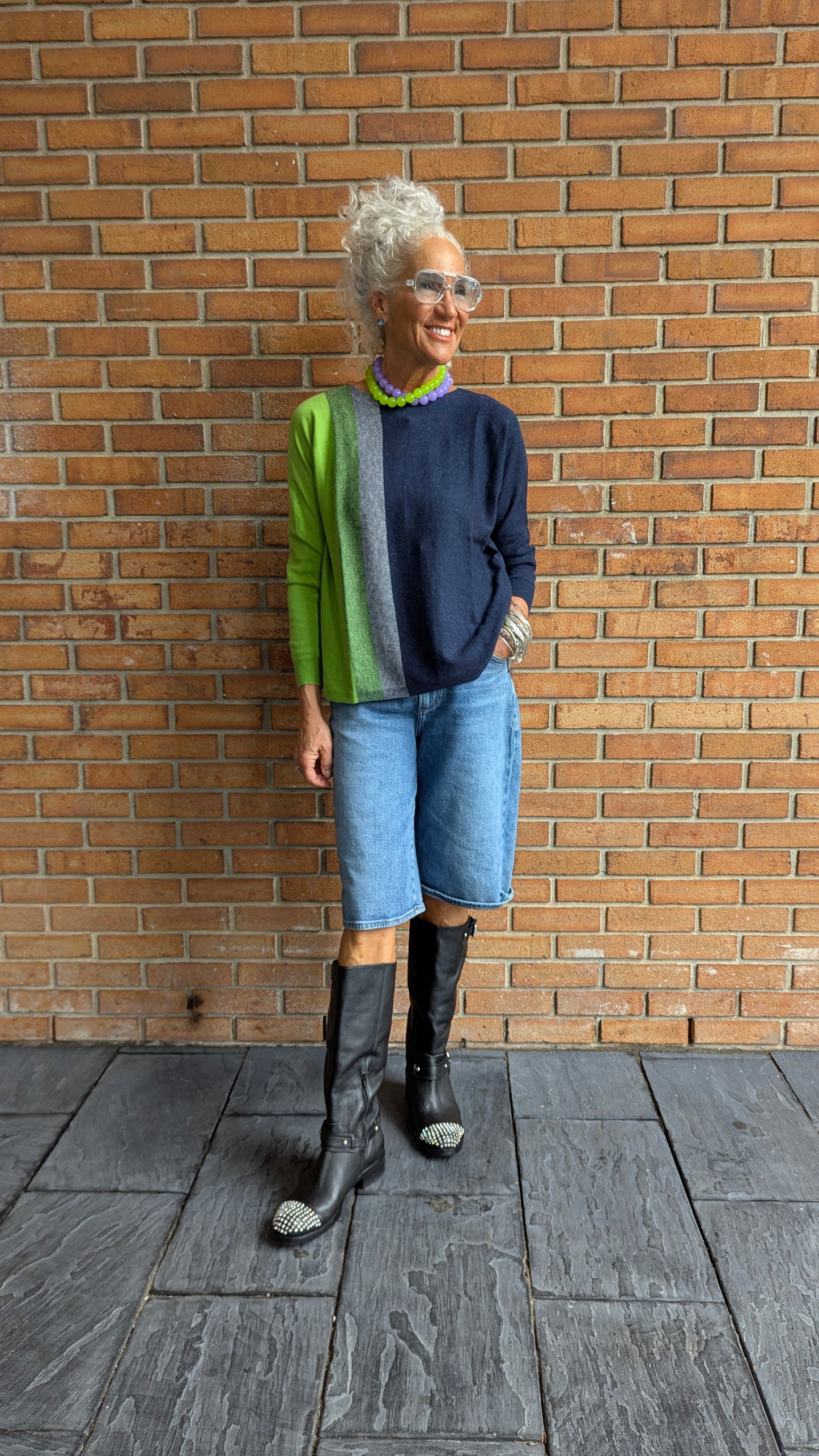 Relaxed Colour Block Cotton Cashmere Sweater - BLACK, GREEN, GREY