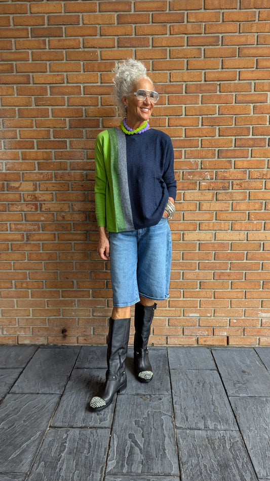 Relaxed Colour Block Cotton Cashmere Sweater - BLACK, GREEN, GREY