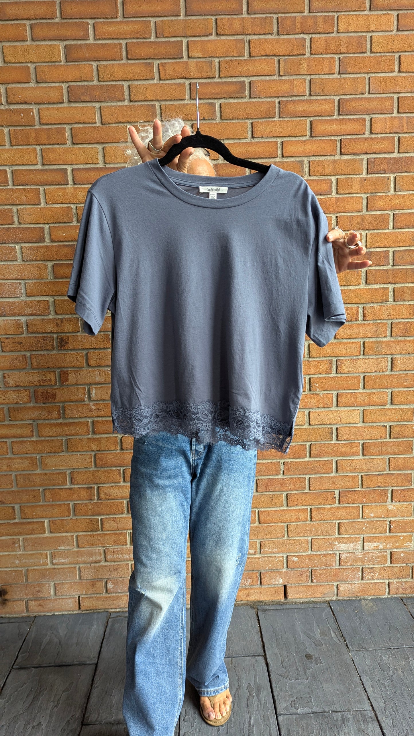 Lace Trim T-Shirt - SLATE GREY