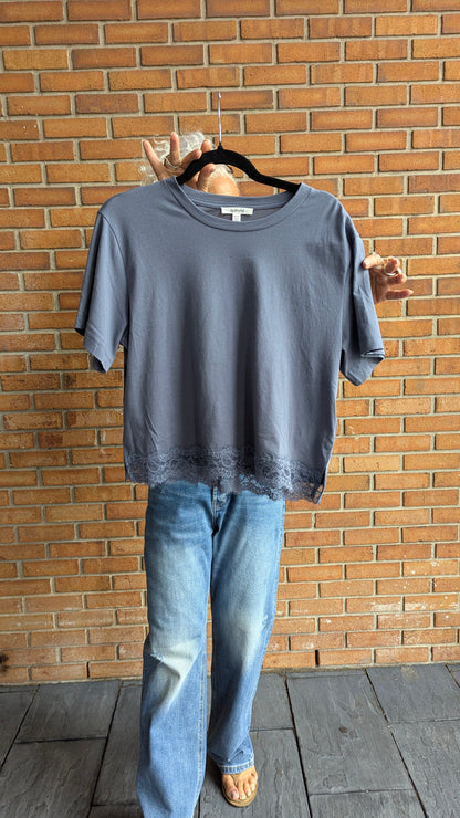 Lace Trim T-Shirt - SLATE GREY