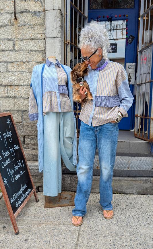 Multi Stripe Cotton Shirt with Ruffle - BLUE MIX