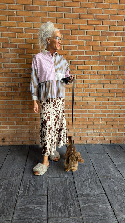 Multi Stripe Cotton Shirt with Ruffle - PINK MIX