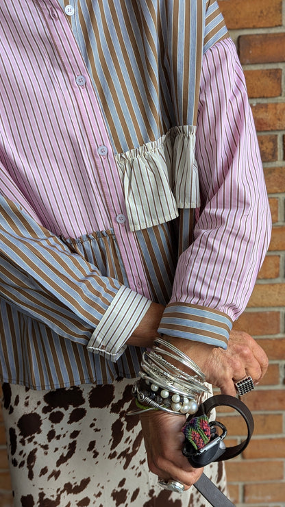 Multi Stripe Cotton Shirt with Ruffle - PINK MIX