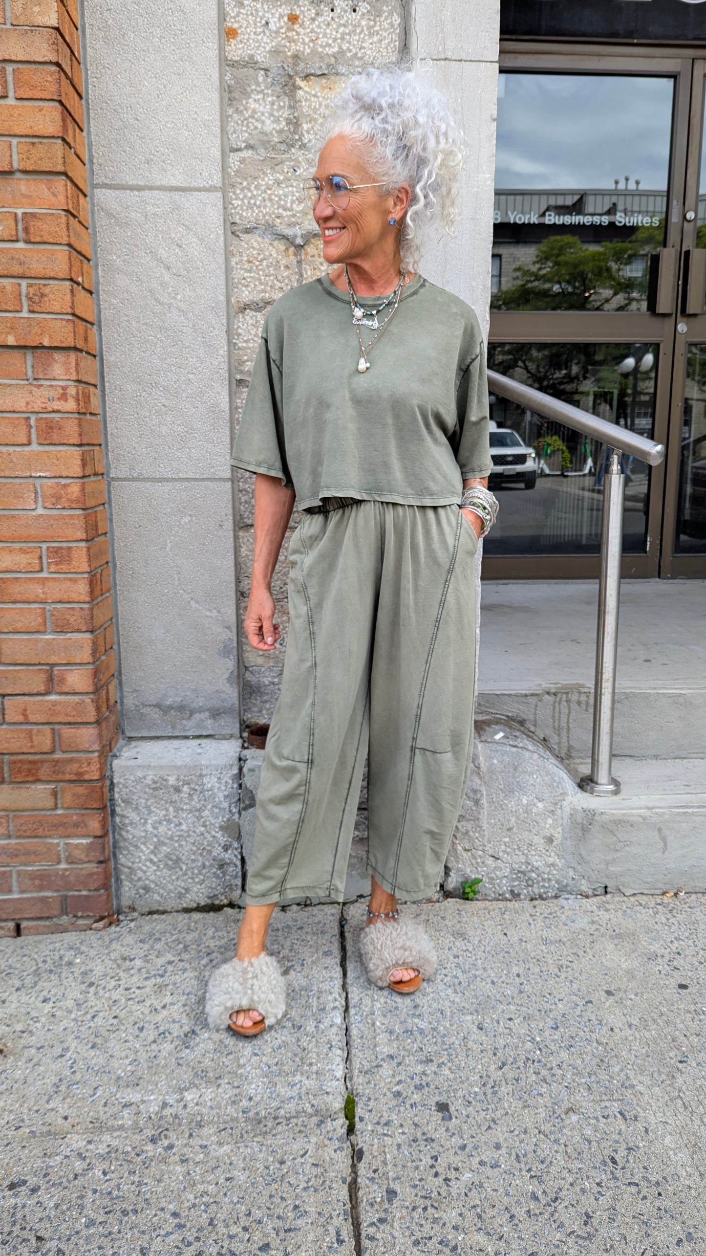 Mineral Wash Cotton 2 PC Top and Barrel Pant SET - GREEN