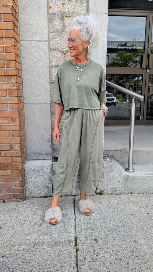 Mineral Wash Cotton 2 PC Top and Barrel Pant SET - GREEN