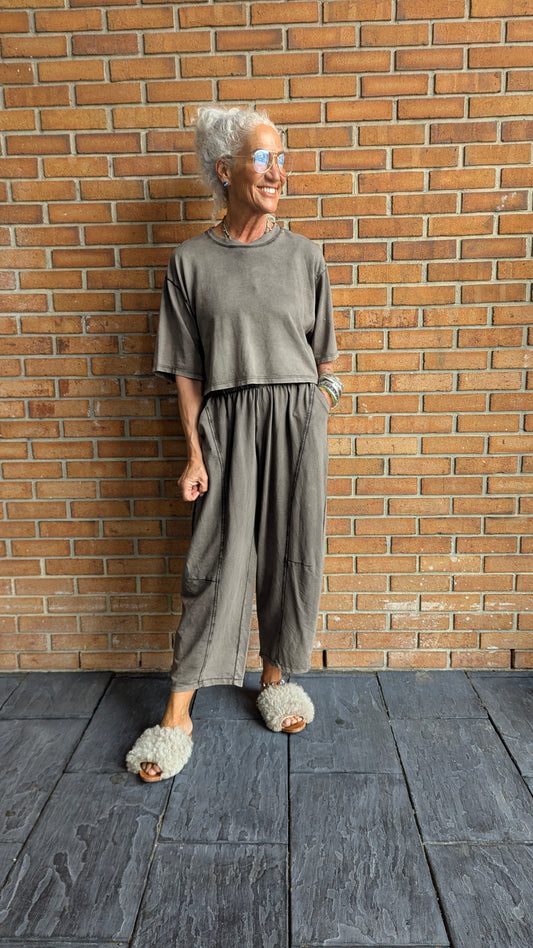 Mineral Wash Cotton 2 PC Top and Barrel Pant SET - BROWN