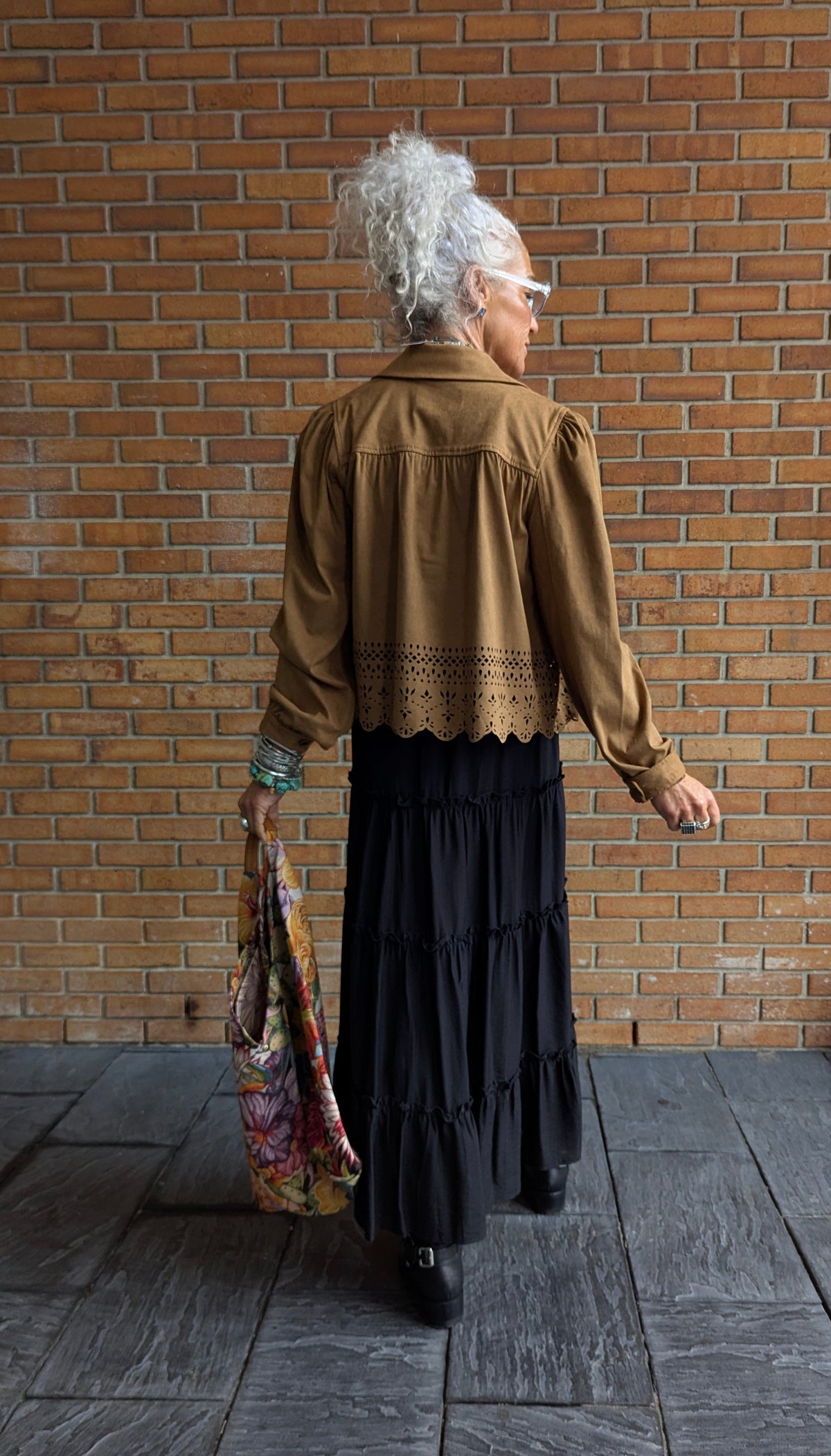 Faux Suede Laser Cut Jacket  - CAMEL