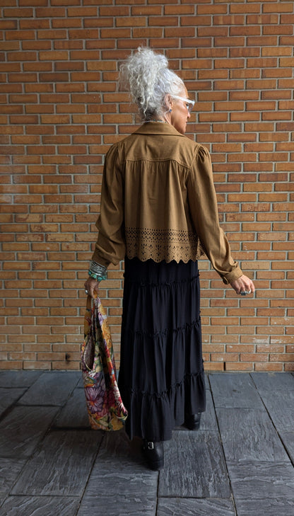 Faux Suede Laser Cut Jacket  - CAMEL