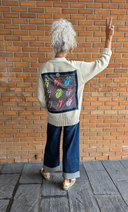 100% Cotton Knit Band Tee Cardigan With Silver Buttons - ROLLING STONES