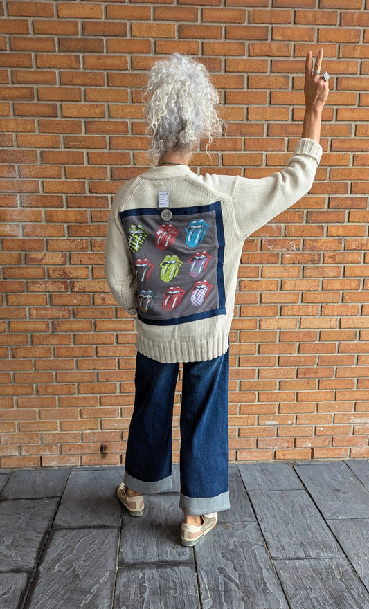 100% Cotton Knit Band Tee Cardigan With Silver Buttons - ROLLING STONES