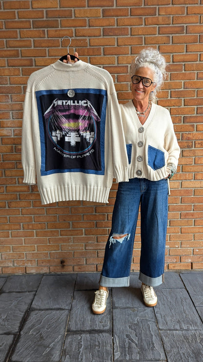 100% Cotton Knit Band Tee Cardigan With Silver Buttons - METALLICA