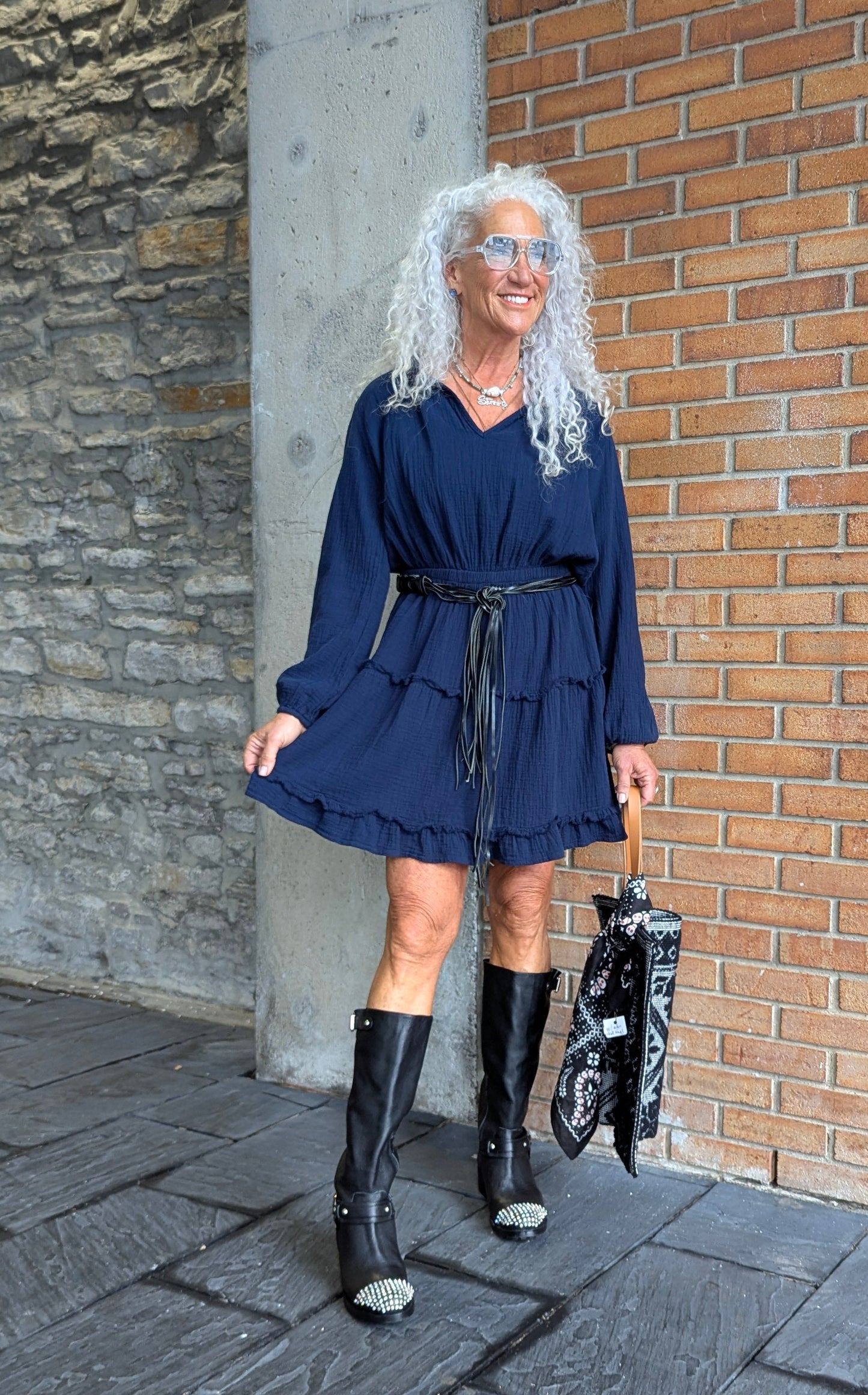 100% waffle cotton tiered long sleeve dress- NAVY BLUE