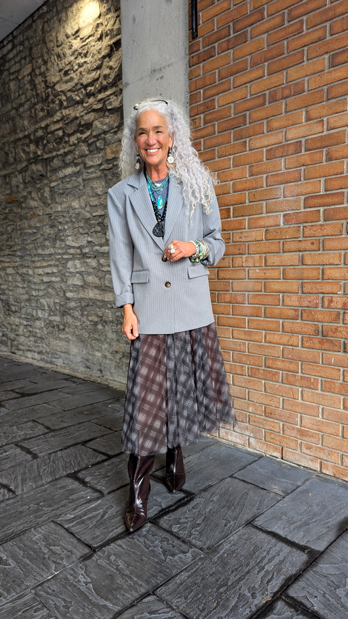 Oversized Pinstripe Blazer - Grey & Cream