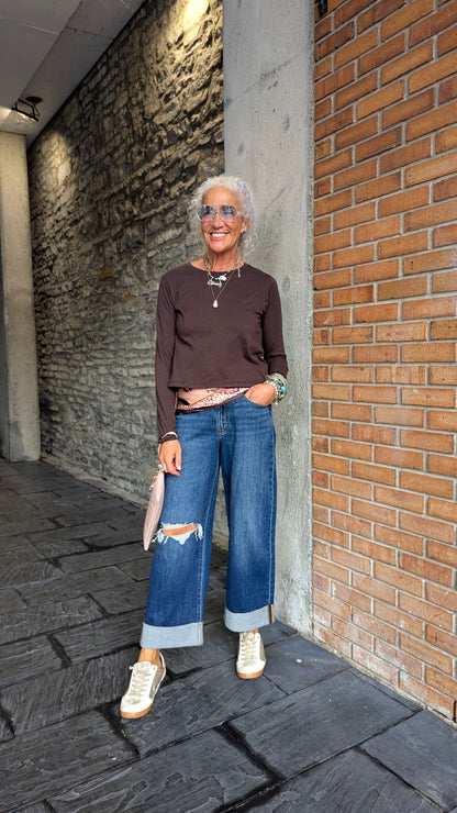 100% Cotton Long Sleeve Top - BROWN