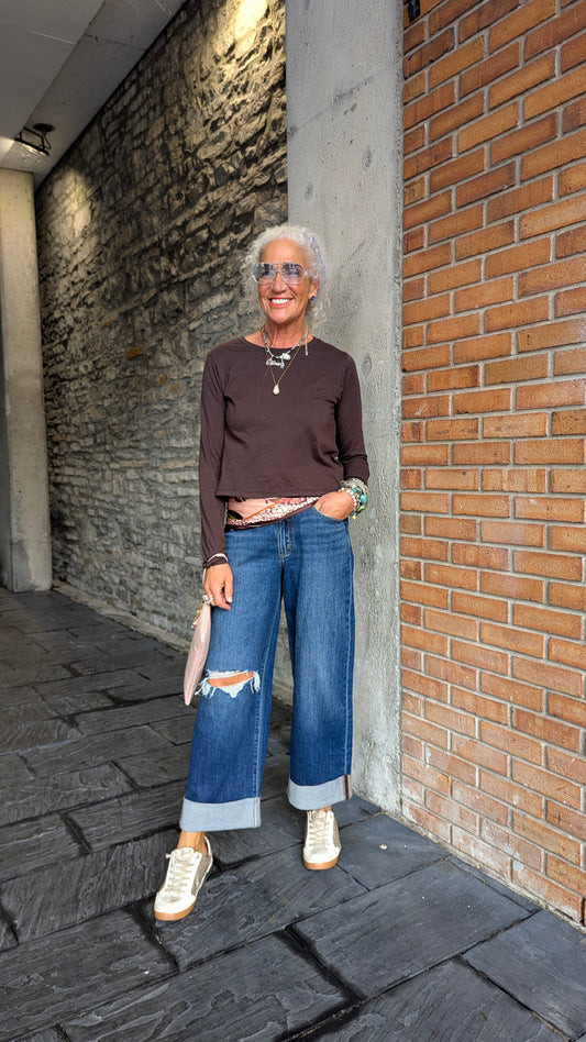 100% Cotton Long Sleeve Top - BROWN