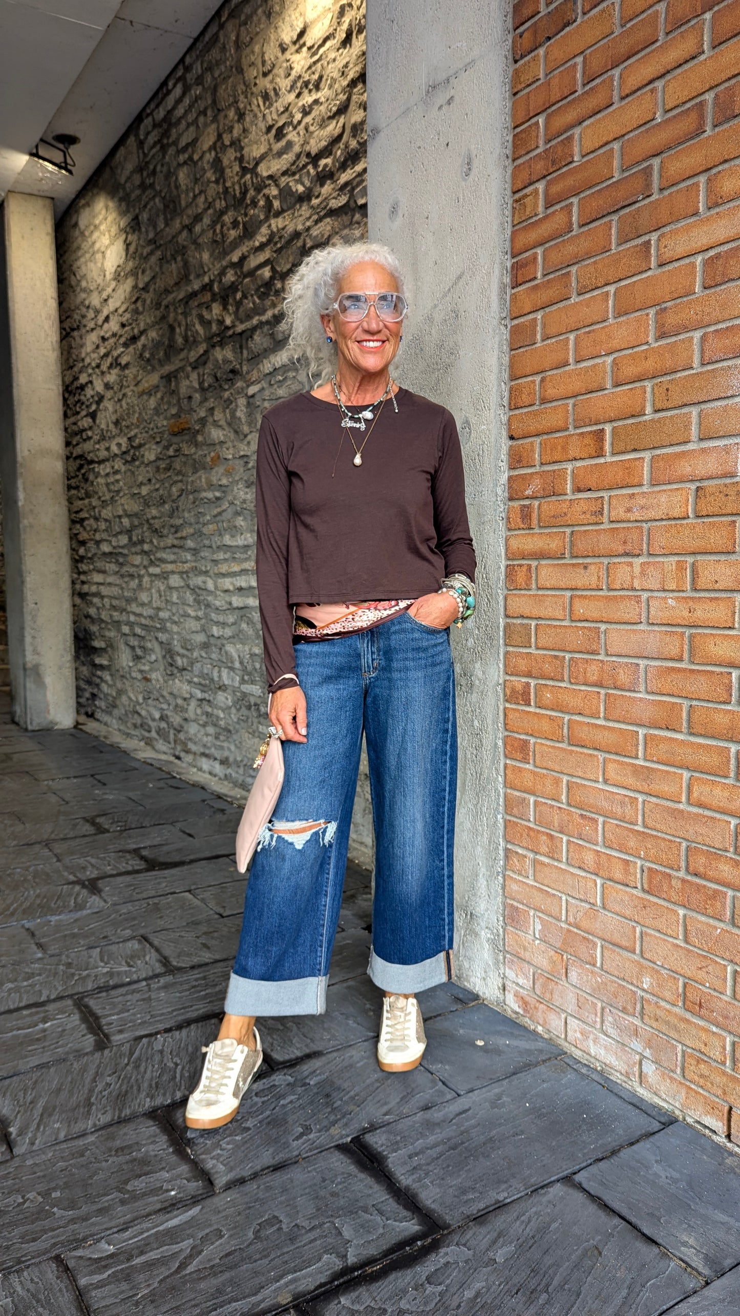 100% Cotton Long Sleeve Top - BROWN