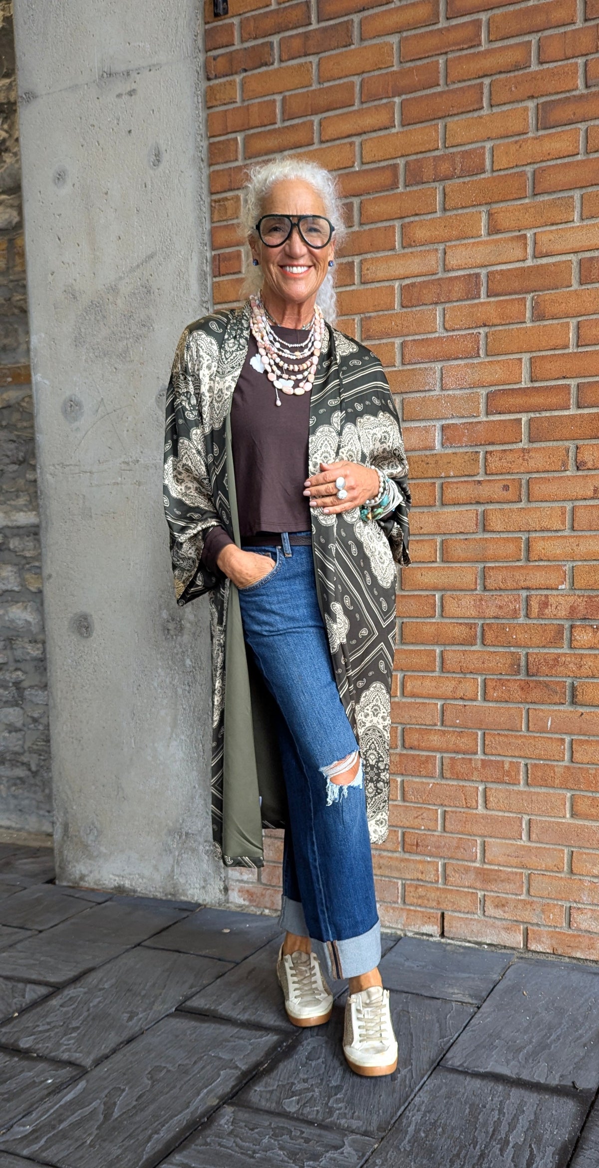 Bandana Print Duster with Pockets- KHAKI GREEN